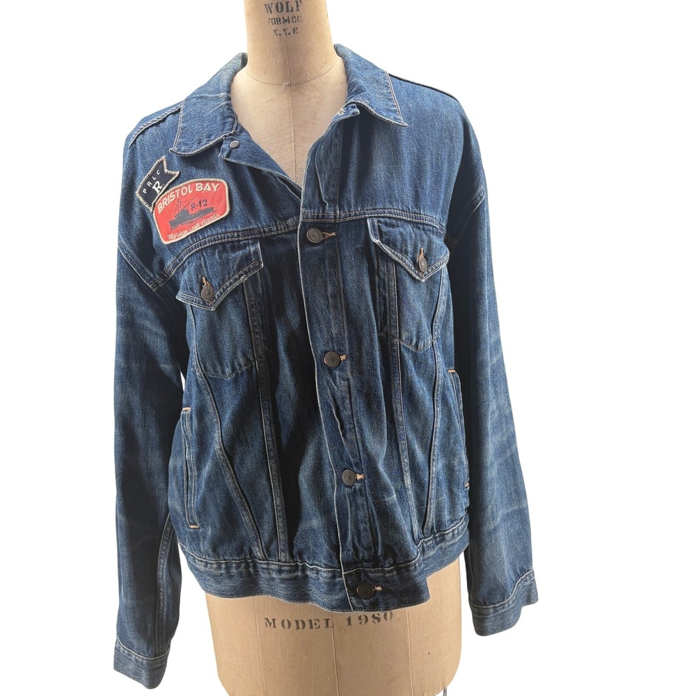 Polo Ralph Lauren Unisex XL Blue Denim Trucker Jacket Nautical Maritime Patches